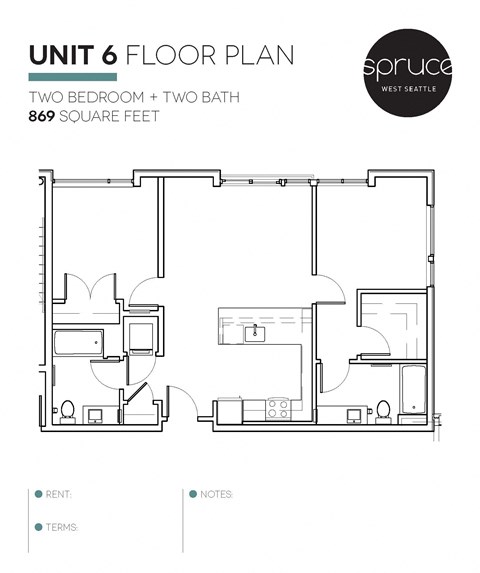 Floor plan for 2 beds, 2 baths, 869 sqft
